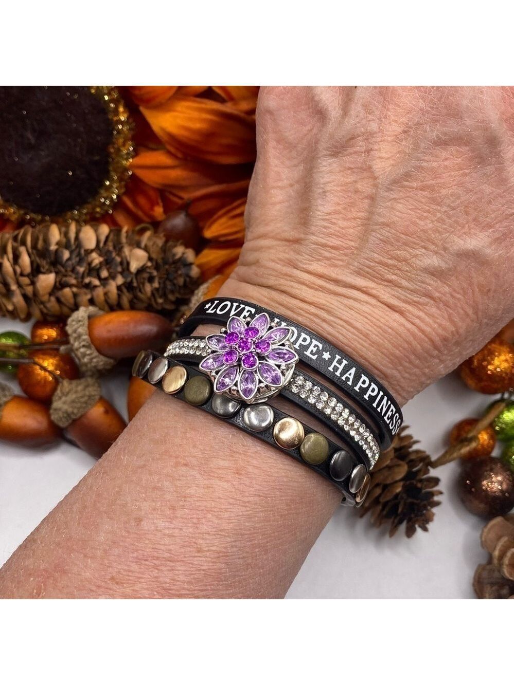 Love, Hope, Happiness Black Leather Bracelet & Purple 18mm Floral Snap! NWT